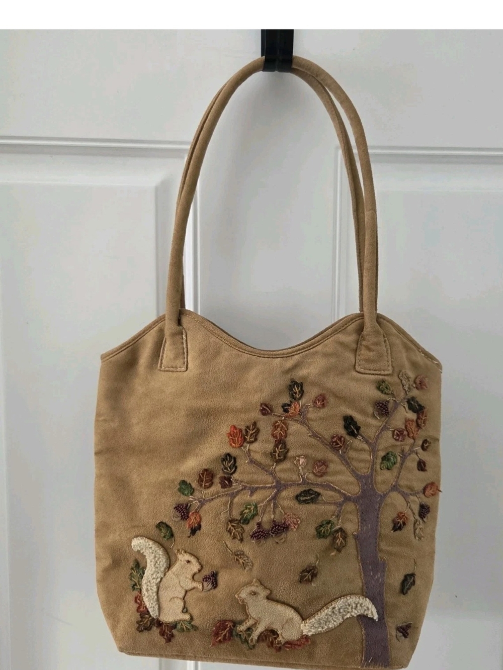 Cappelli Suede Fall Autumn Purse Vintage Squirrel Acron Tree Leaves Brown Tan